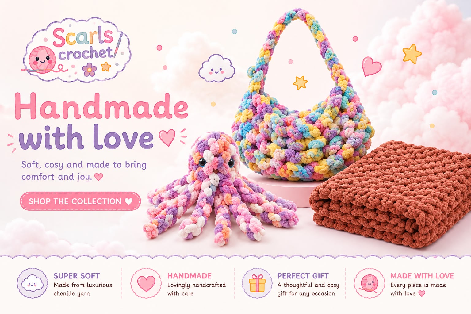 A pastel rainbow crochet shoulder bag, a cuddly crochet octopus plush and a folded rust-coloured chunky blanket