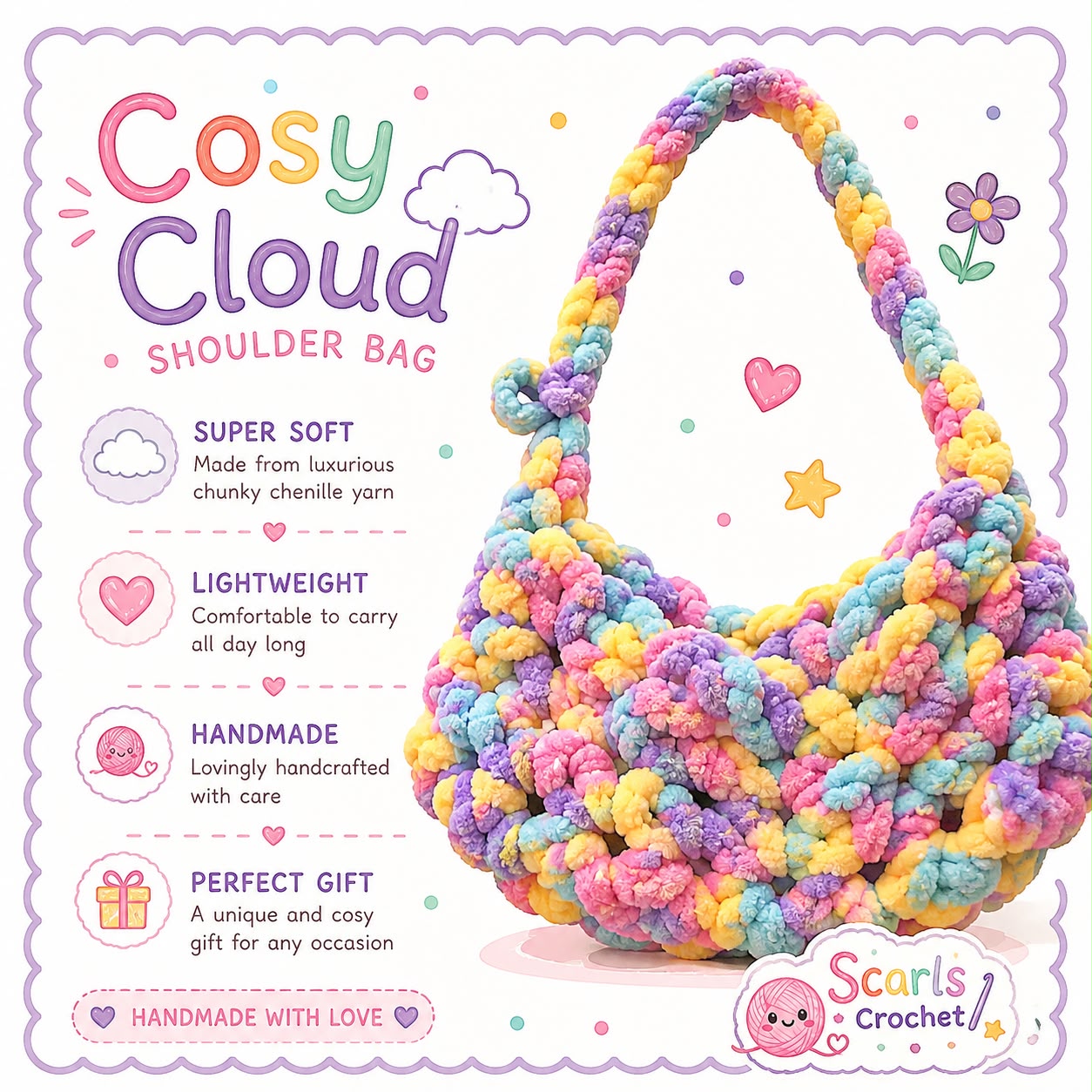 Cosy Cloud shoulder bag in pastel rainbow chunky chenille