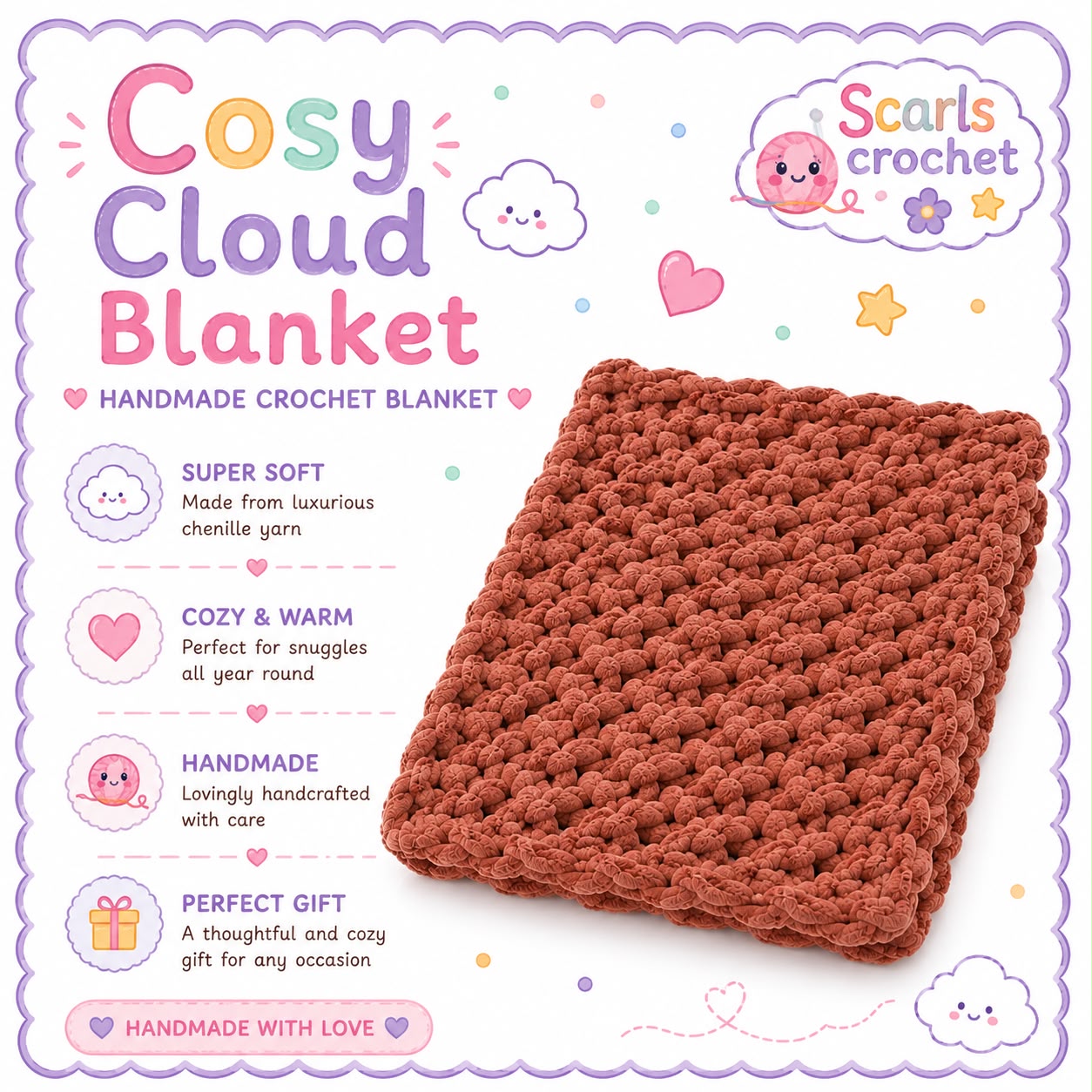Cosy Cloud chunky crochet blanket in rust orange
