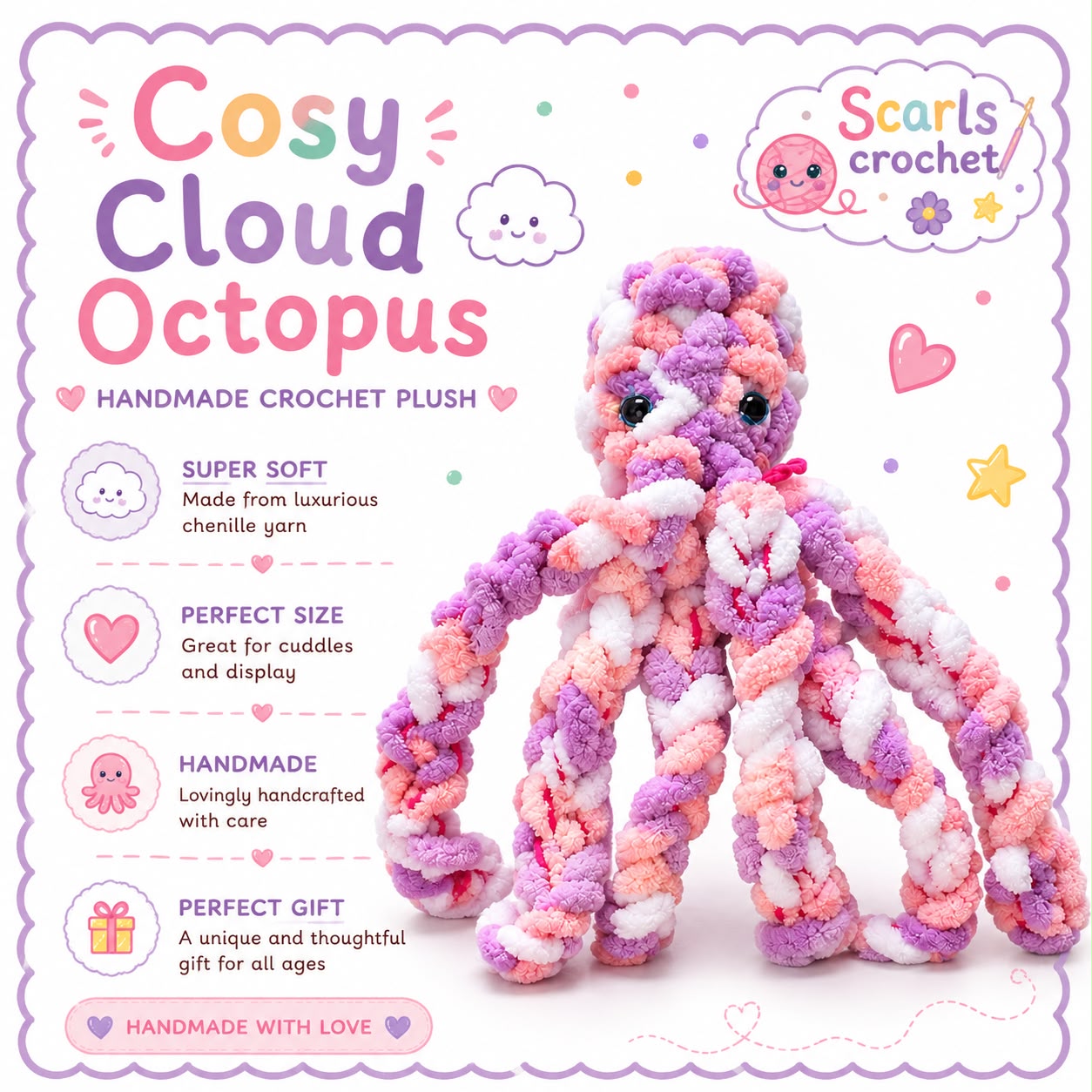 Cosy Cloud octopus plush in pink, purple and cream chenille